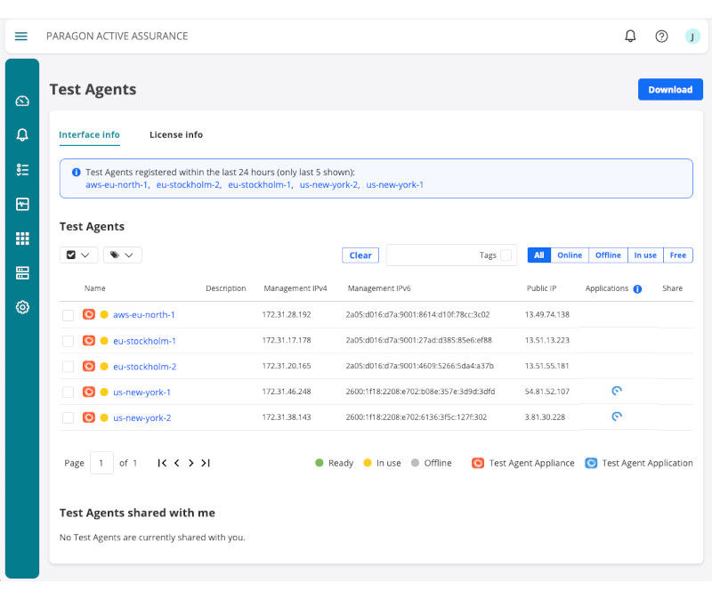 Paragon Active Assuranceテストエージェントのインベントリのスクリーンショット