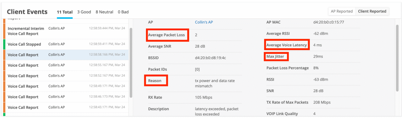 Figure 12: Voice call events included with other client events