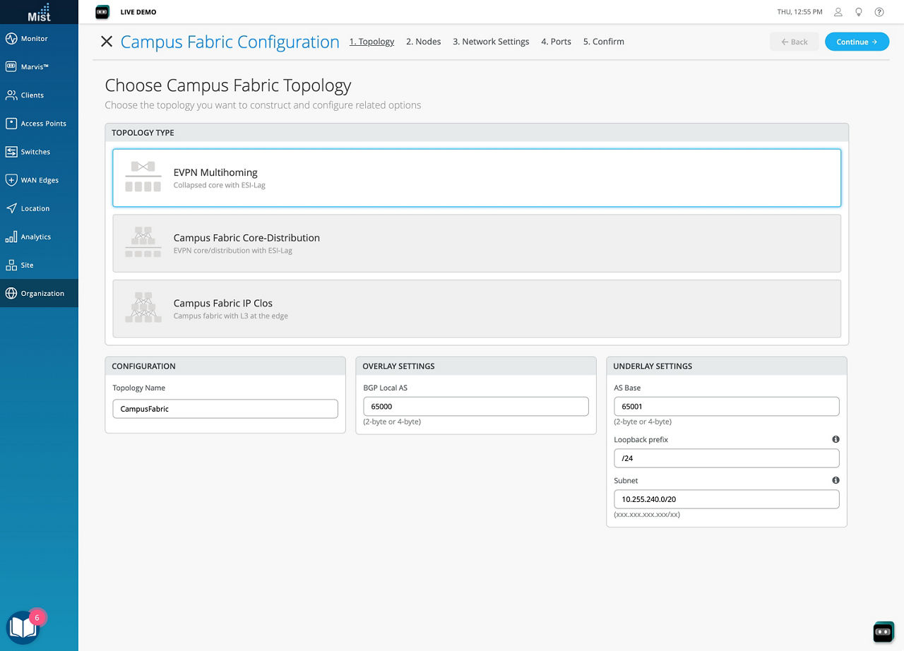 EVPN multihoming configuration via the Juniper Mist cloud