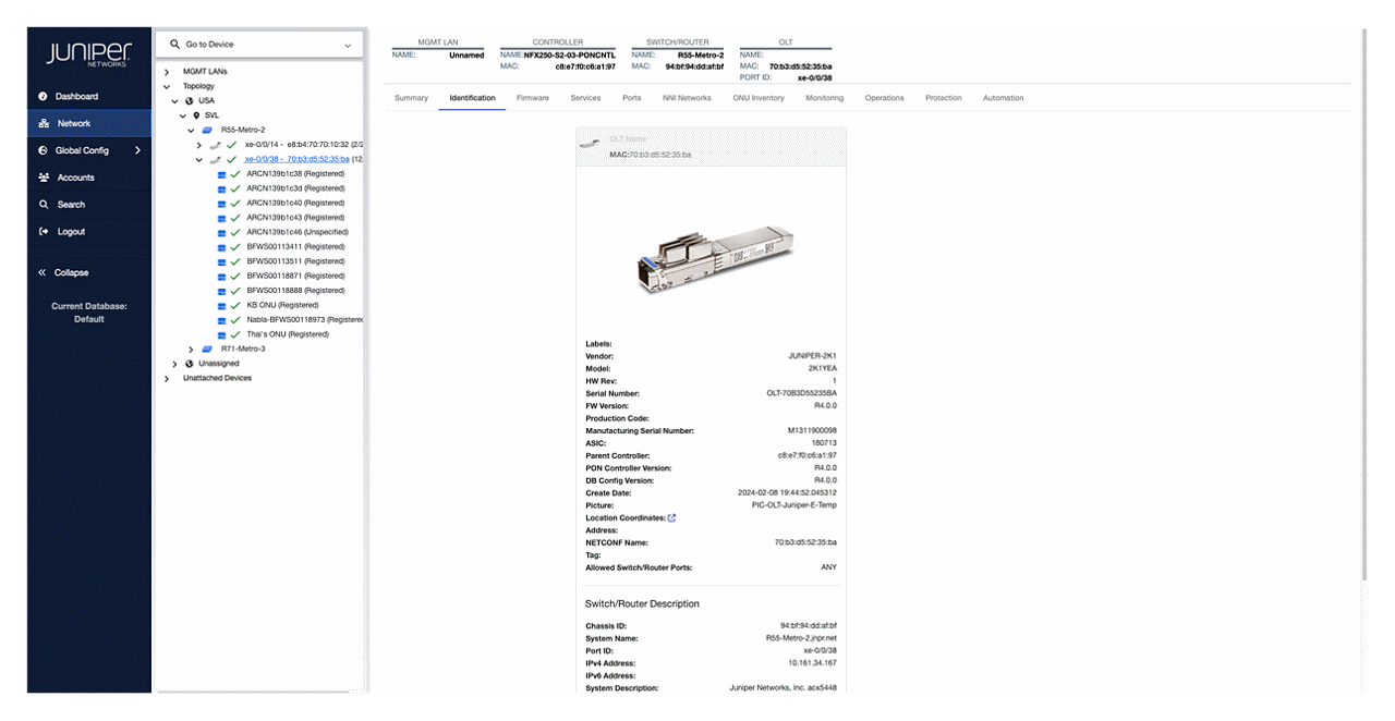 Screenshot of the Juniper PON Manager user interface