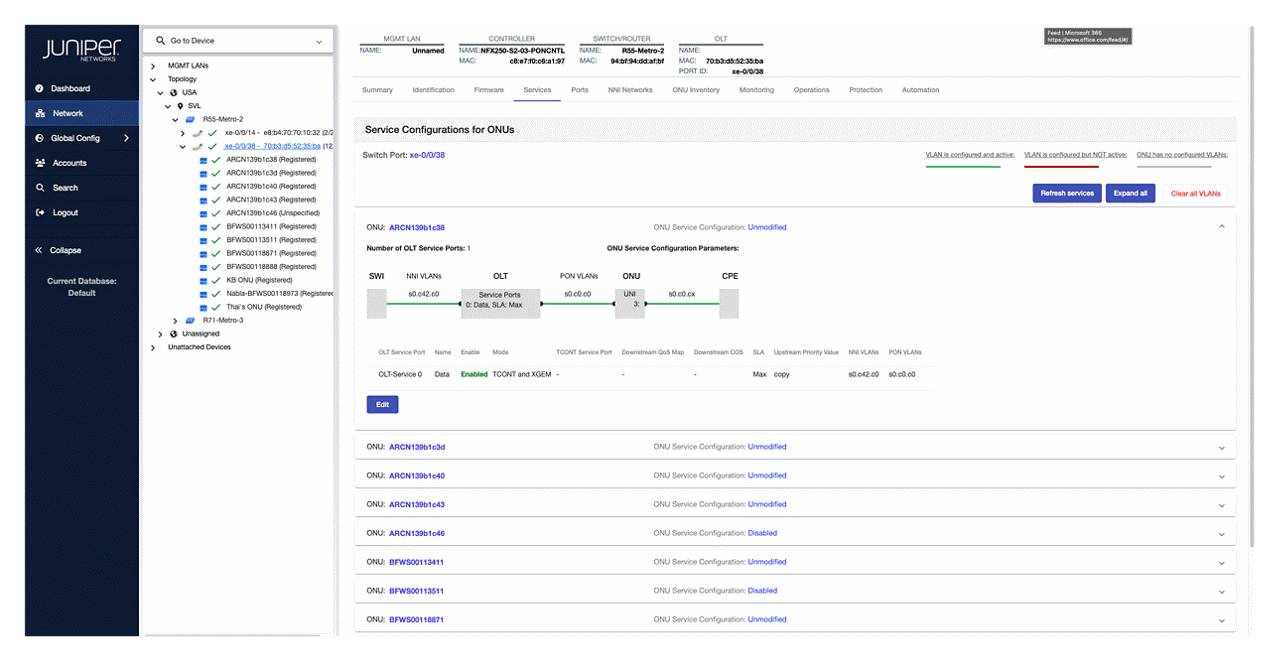 Screenshot of the Juniper PON Manager user interface