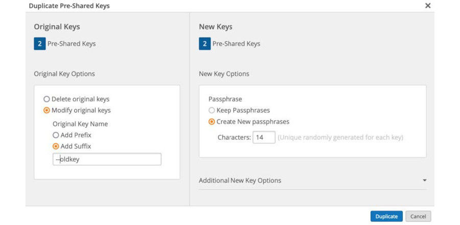 Image of duplicate pre-shared keys web form