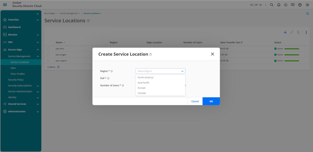 Security Directorの「クラウドサービス提供場所」タブのユーザーインターフェイスのスクリーンショット