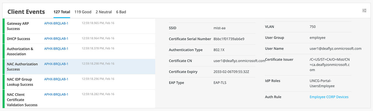 クライアントネットワークアクセス制御イベントを表示しているJuniper Mist Access Assuranceのスクリーンショット
