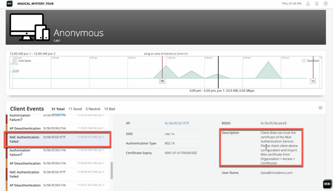 クライアントSLEの障害と、既知の問題の説明を表示しているJuniper Mist Access Assuranceのスクリーンショット。