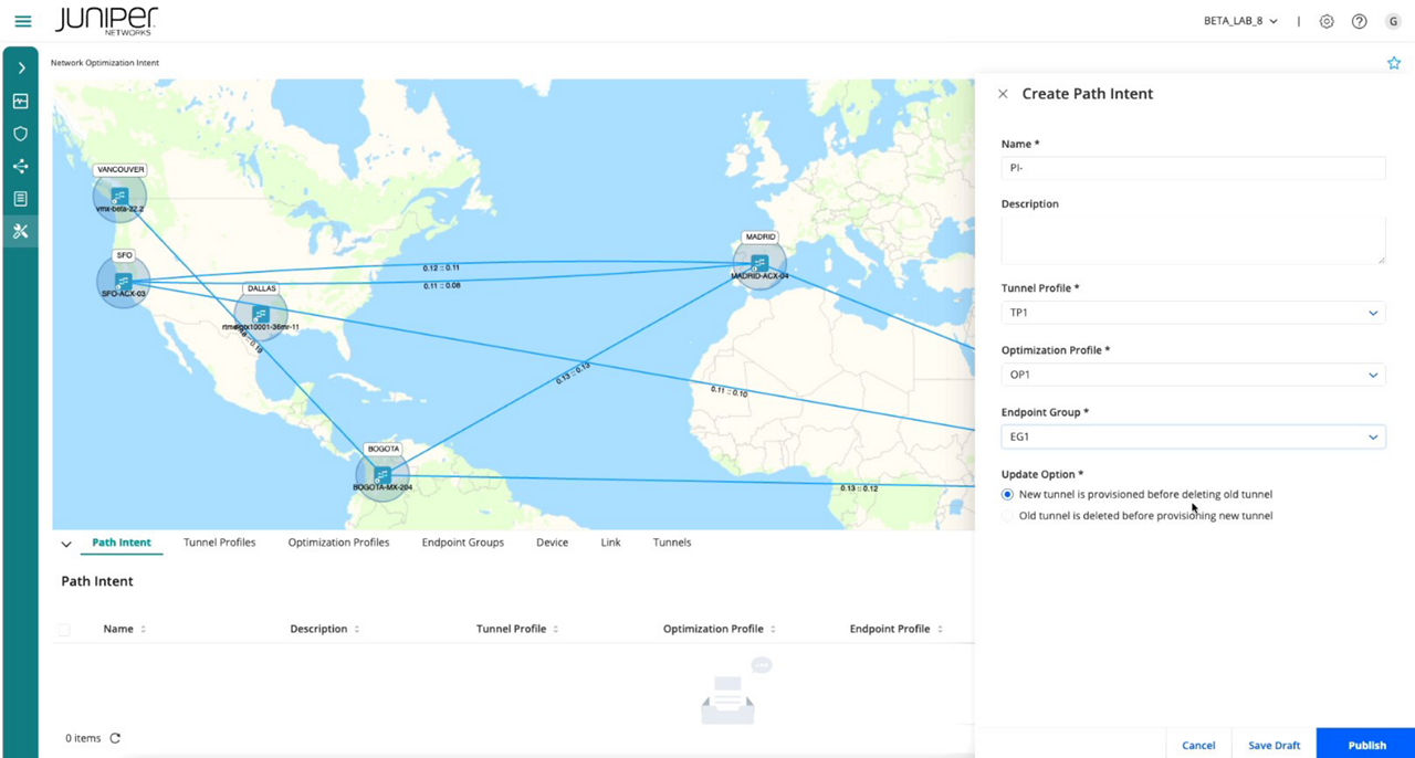 Figure 7: A new path intent can be created by selecting from the available profiles