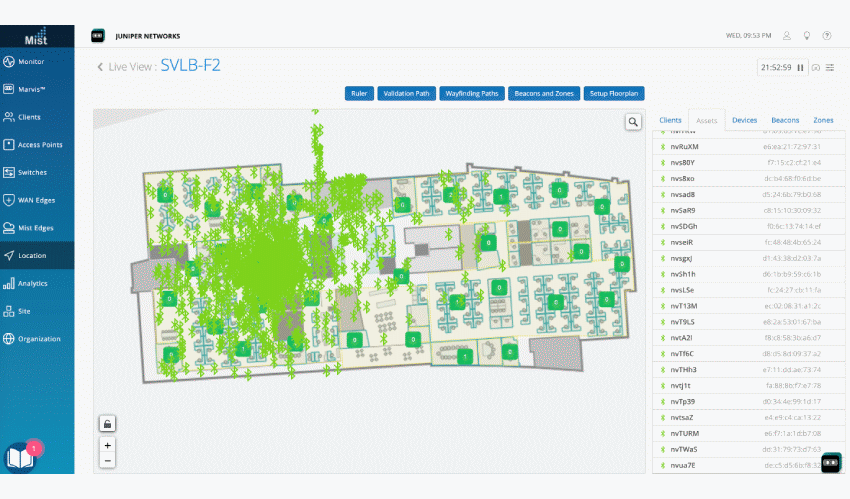 Figure 1: Live Asset Visibility view of an office floorplan (green Bluetooth logos are assets).
