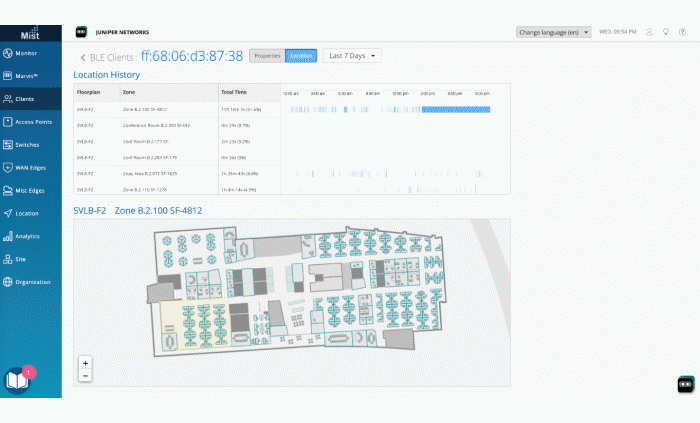 Figure 2: Location history for a specific BLE client asset and highlighting predominant zone.