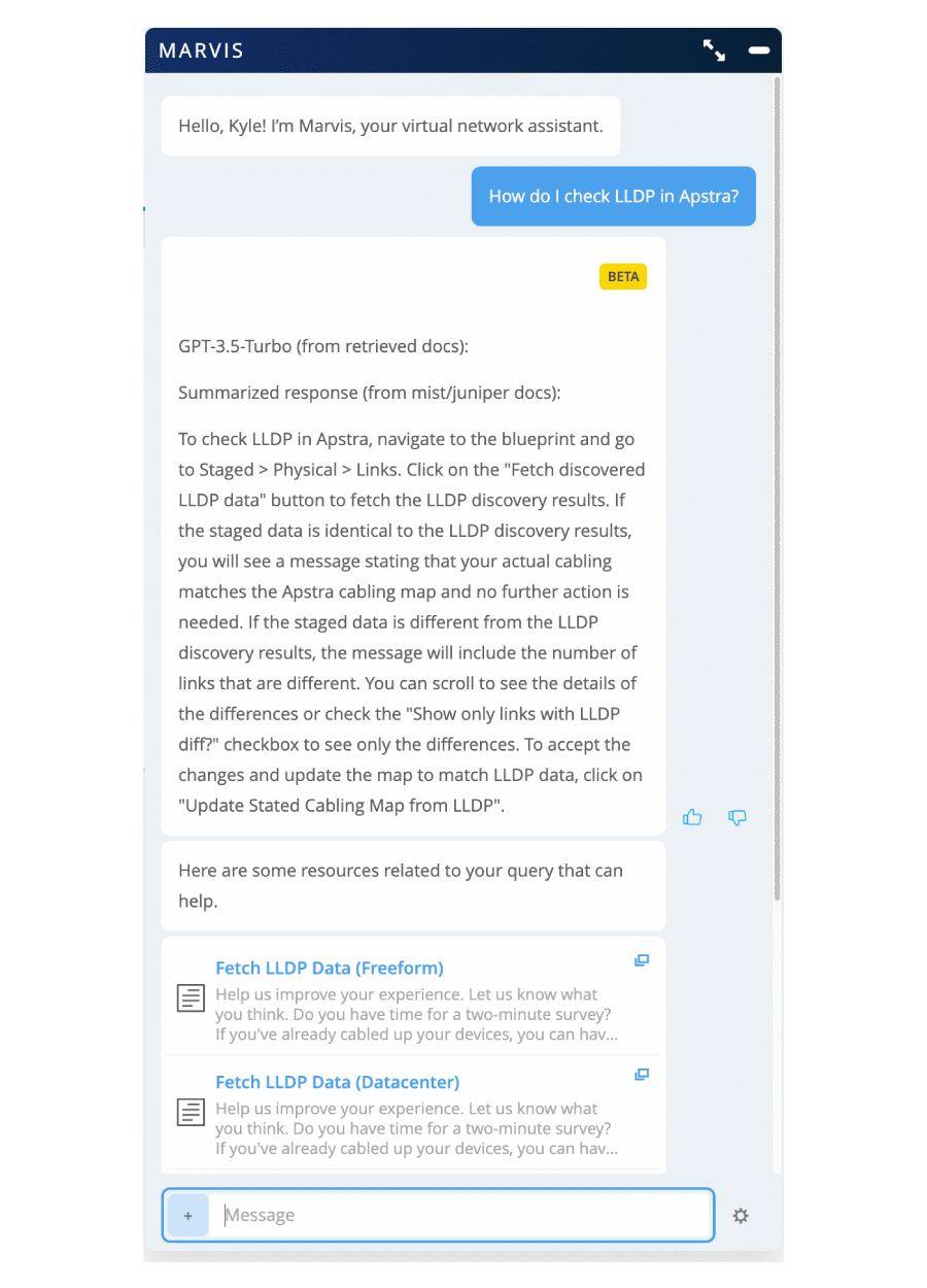 Figure 3: Marvis AI Assistant for Data Center’s conversational interface, illustrating a knowledge base search