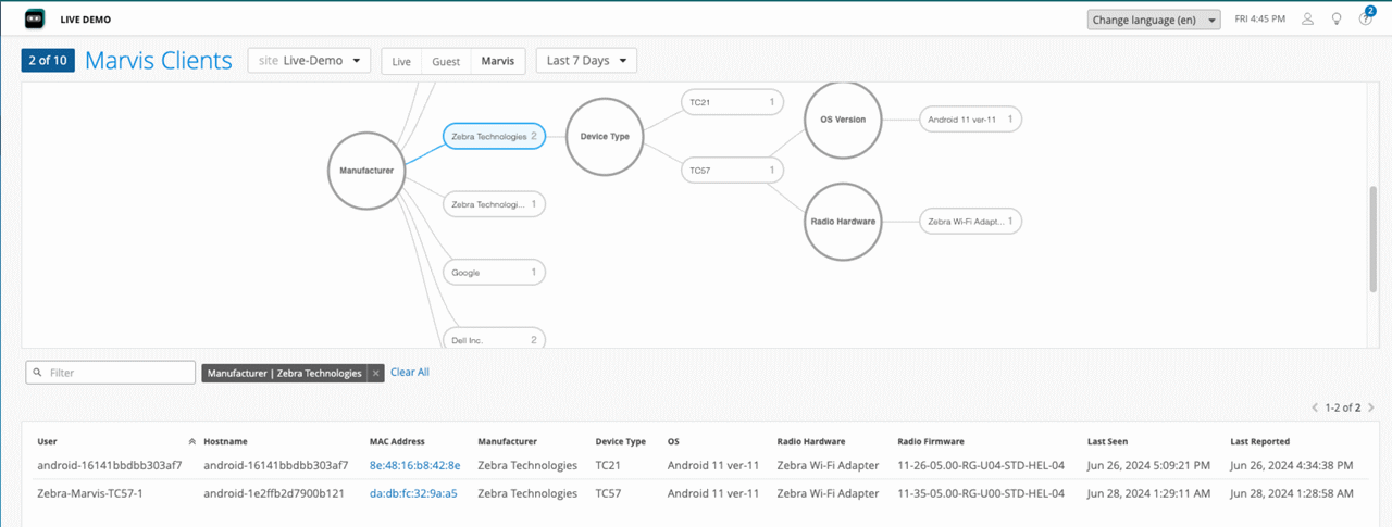 Figure 2. Marvis Client listing in Juniper Mist dashboard