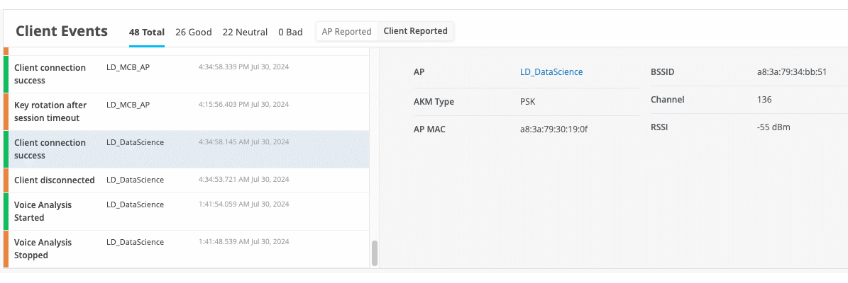 Figure 3. Client reported events in the Mist UI