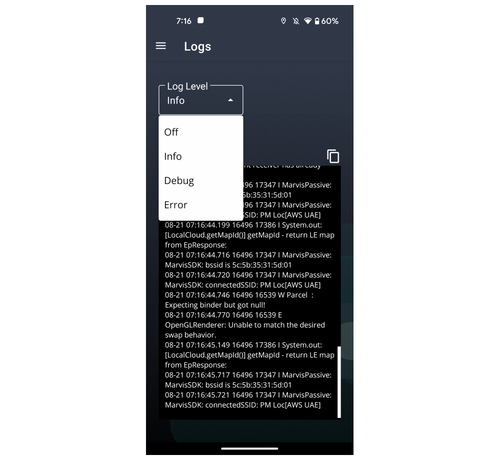 Figure 6. Device event logging with the Marvis client