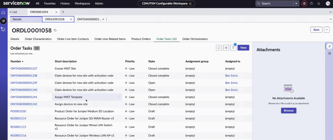 Figure 3: Automated workflow execution of Mist site creation and template assignments in ServiceNow