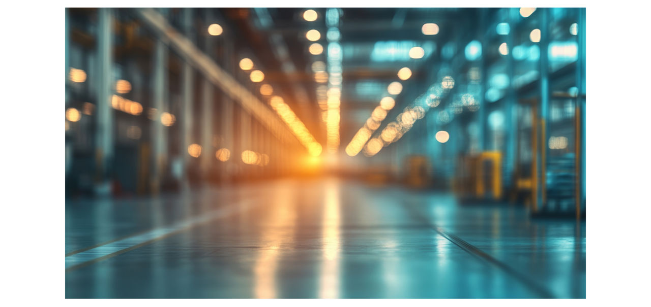 blurred view of a brightly lit industrial warehouse interior