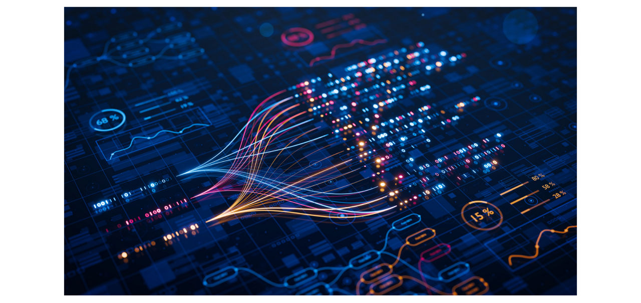 Digital visualization representing data streams on a dark background with charts and numbers