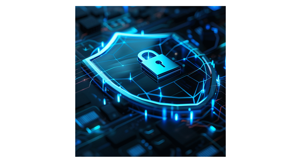 Digital illustration of a padlock inside a glowing shield on a circuit board background