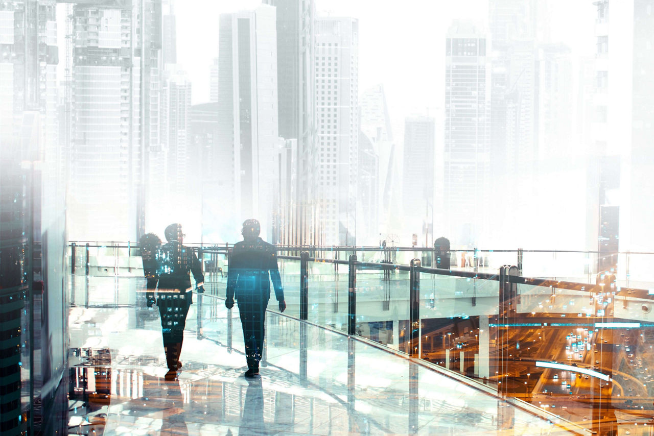 7264805 Business abstraction, two business people communicate and go on the level of the business center