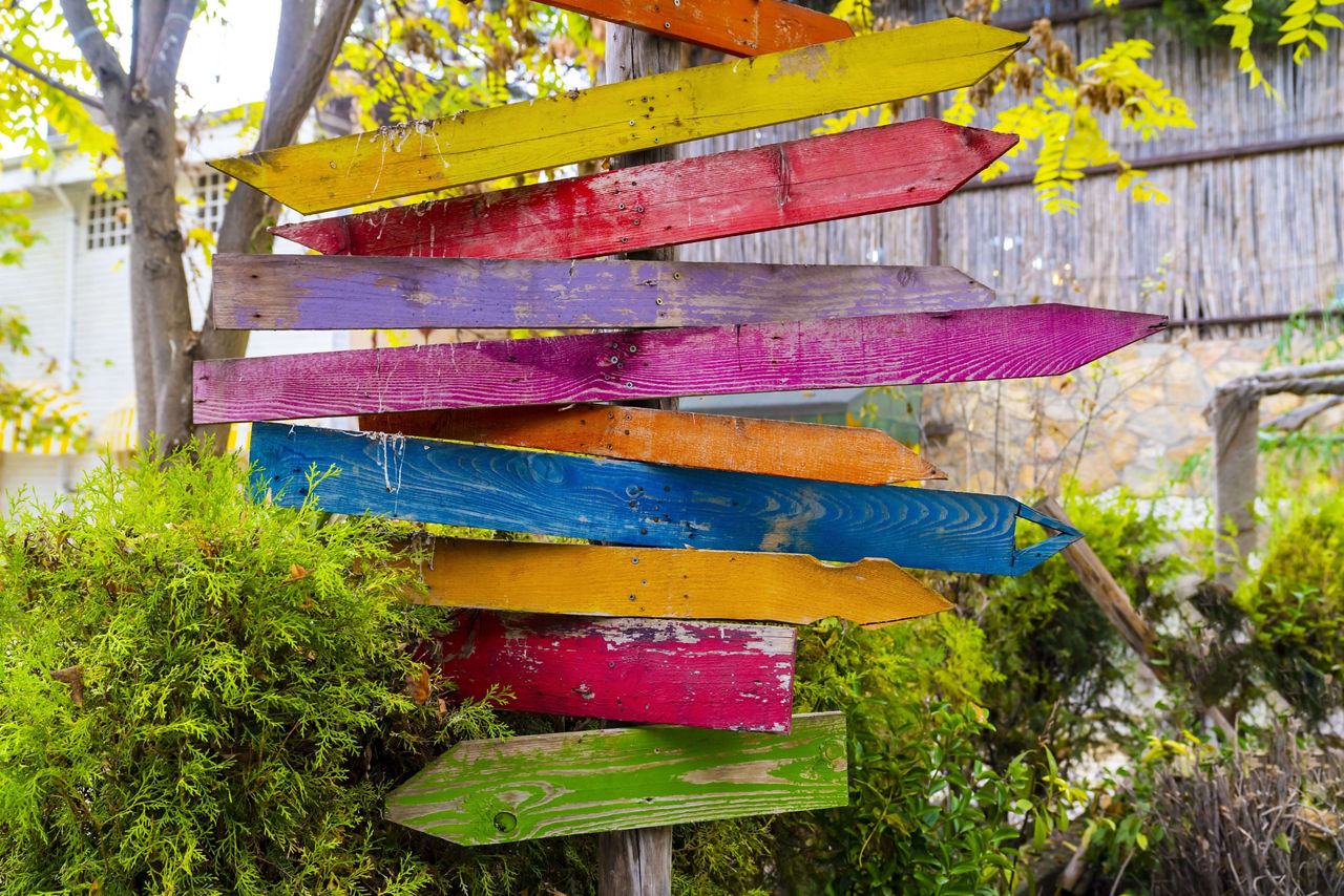 Multiple blank signs on a wooden pole in green area