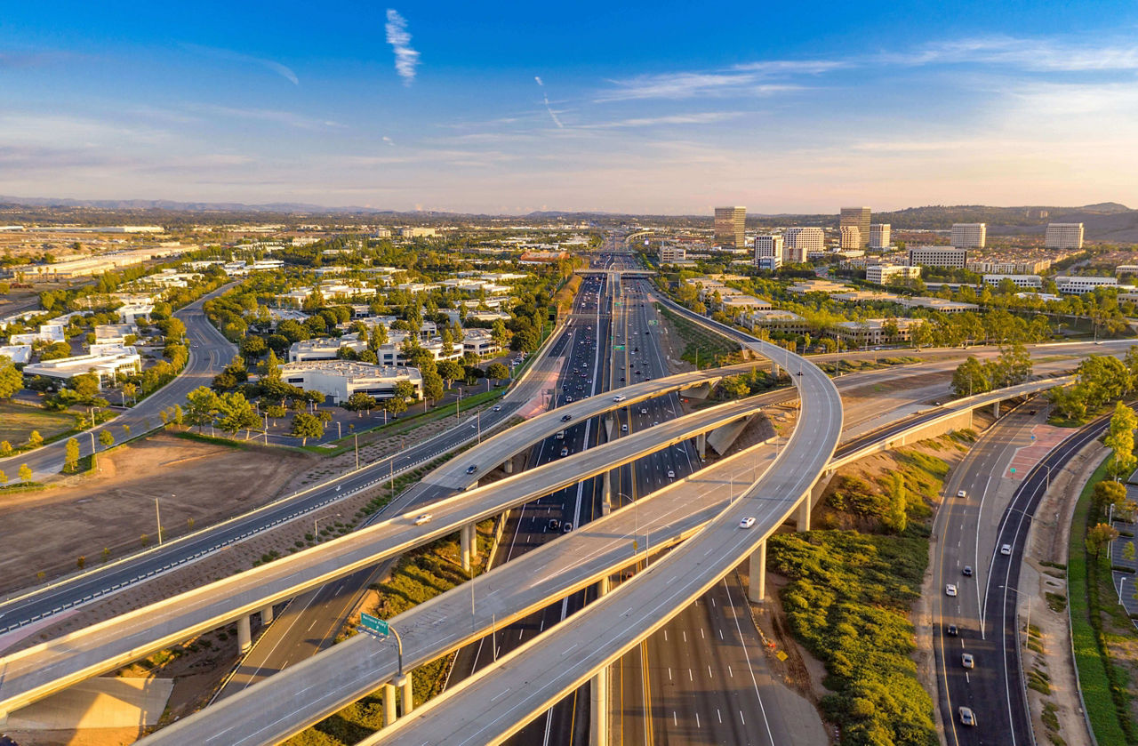 Aerial view above a freeway in Orange County, California on a sunny day