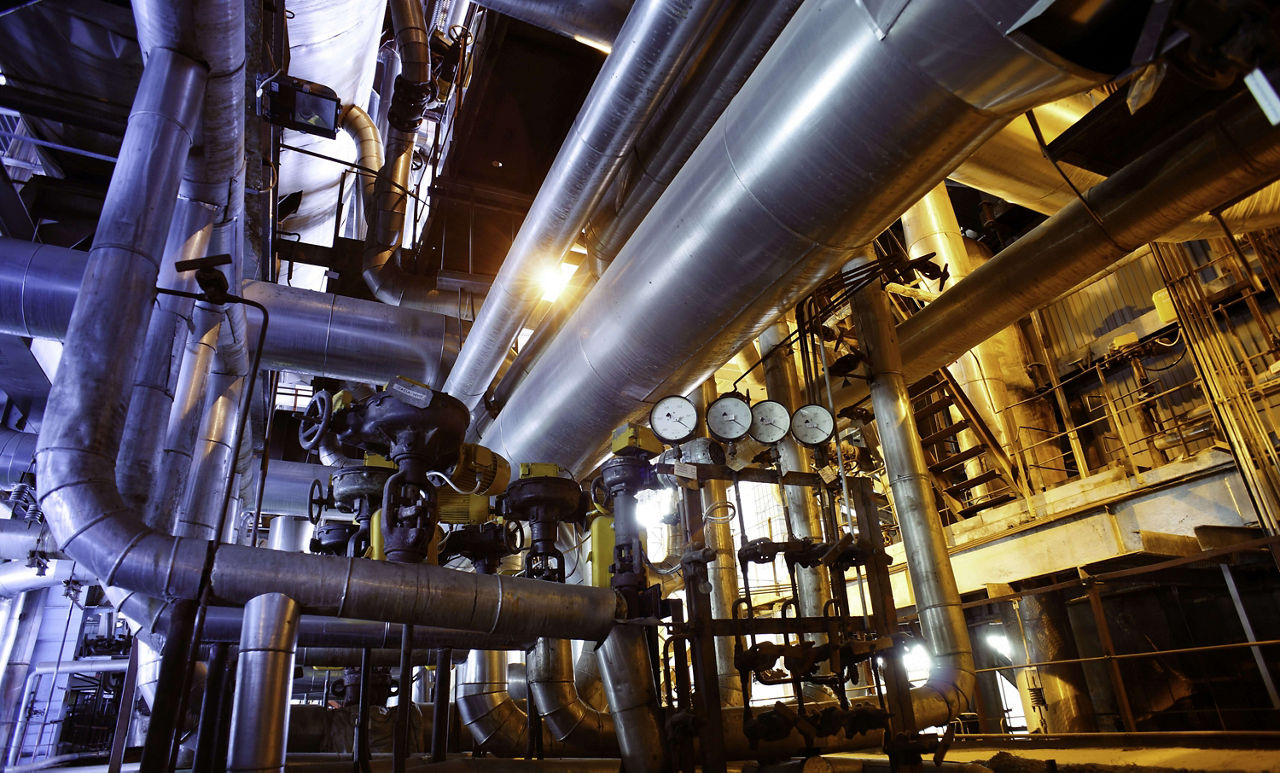 Industrial zone, Steel pipelines, valves and pumps