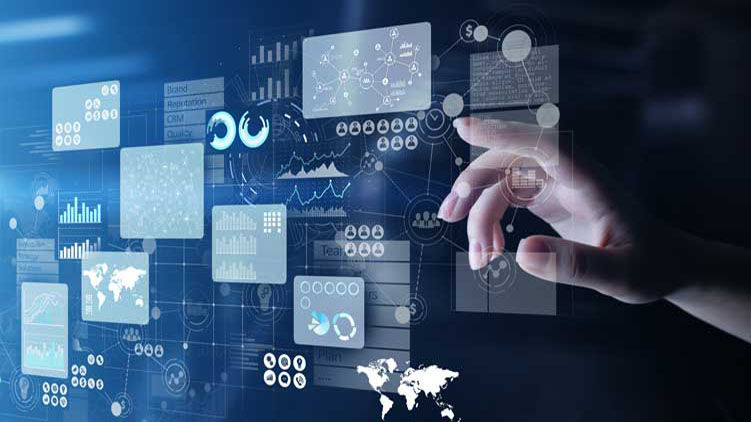 Business intelligence analyst dashboard on virtual screen. Big data Graphs Charts.