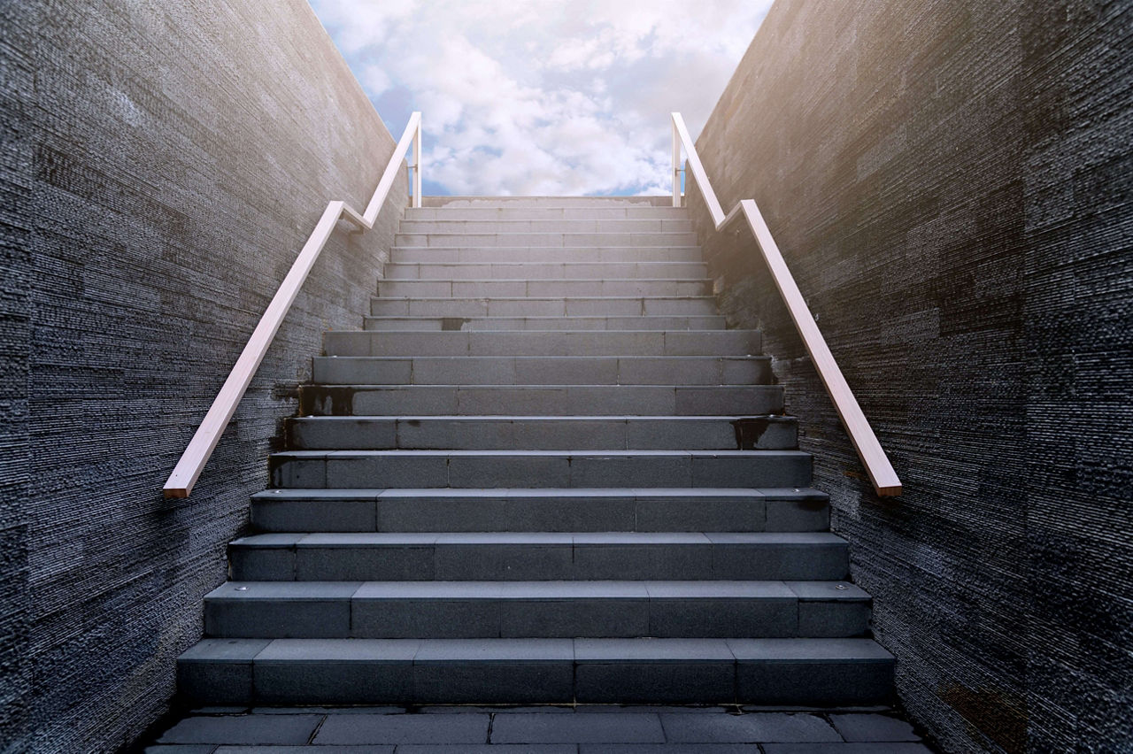 Front view architecture of staircase rises to the sky. Stairway to heaven - Outdoor modern architecture