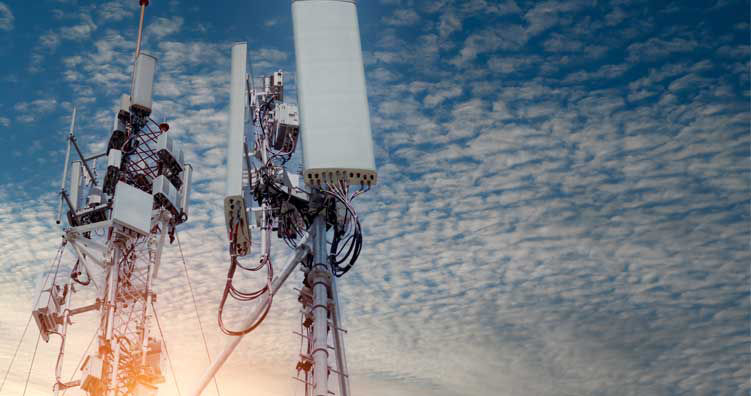 Telecommunication tower. Antenna on blue sky. Radio and satellite pole. Communication technology. Telecommunication industry. Mobile or telecom 5g network. Network connection business background.