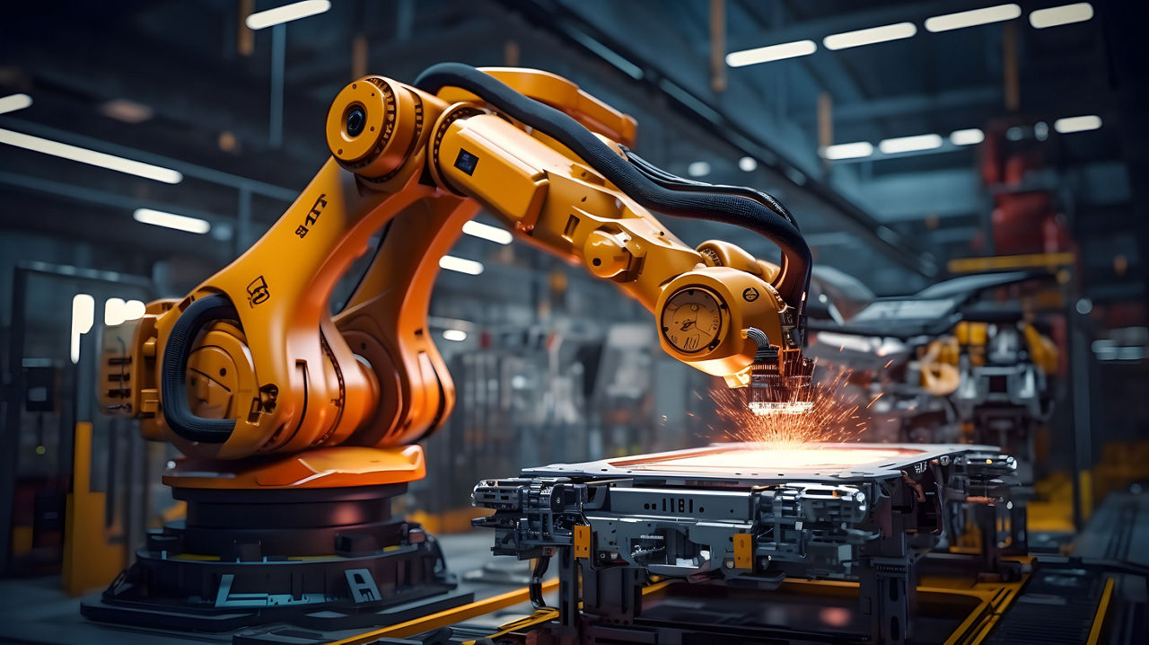 Industrial robot works automatically in smart autonomous factory. generative AI illustration.