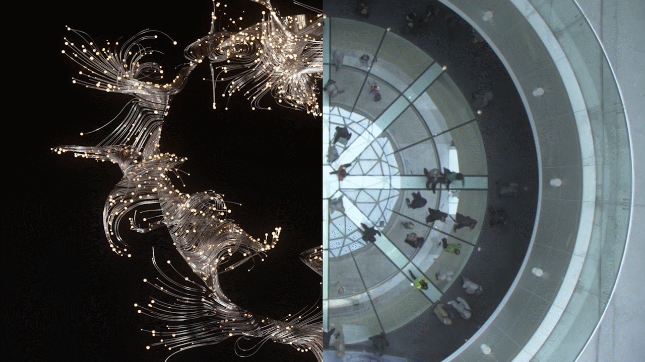  Birds eye view of people through a glass ceiling 