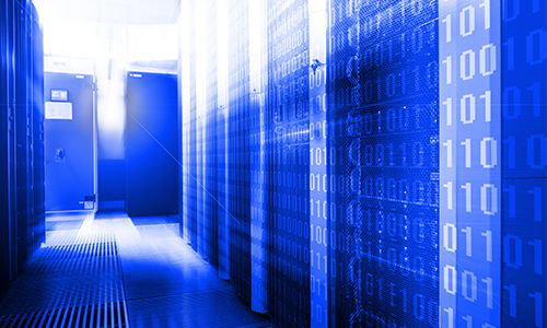 image of a data center room illuminated with blue light and binary numbers