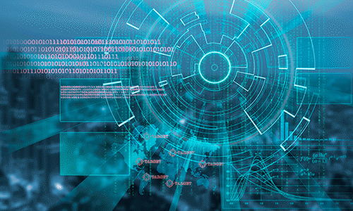Illuminated world map with and overlay of binary data numbers