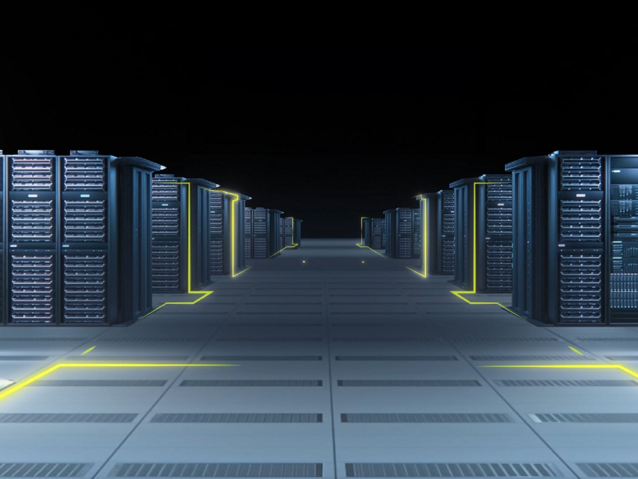 Modern data center with rows of illuminated server racks and yellow highlight lines