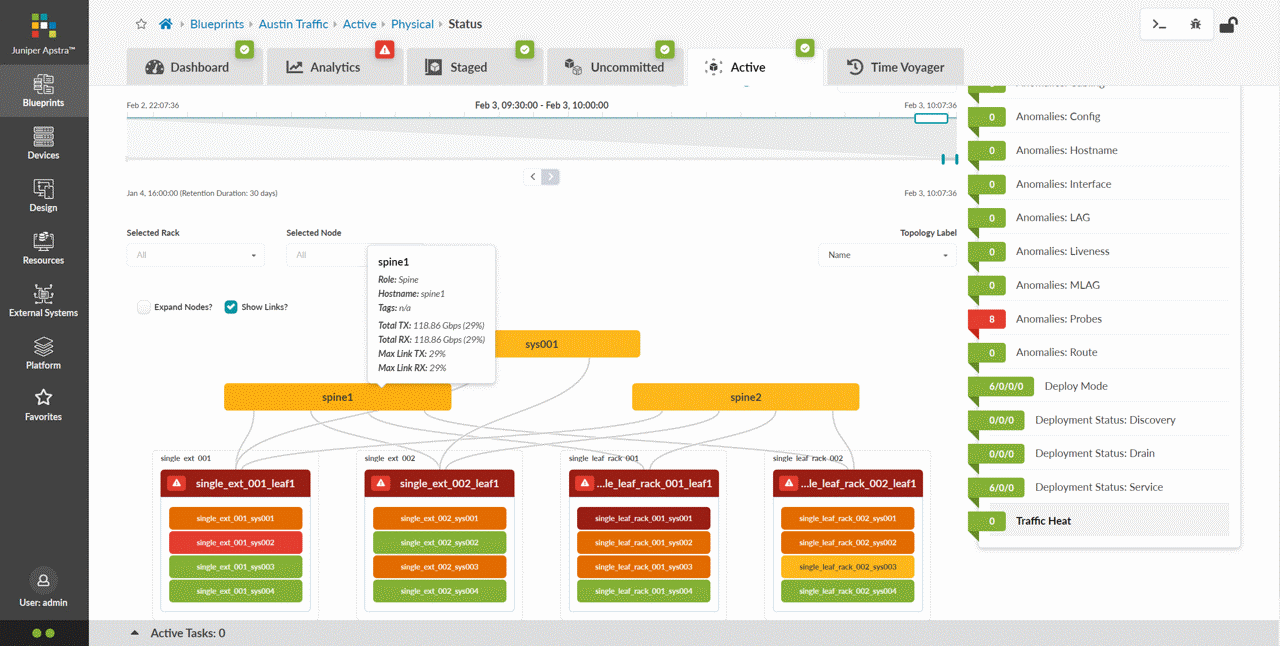 スパイン&リーフデータセンターのハードウェアの機器ステータスを表示しているApstraインターフェイスのスクリーンショット。