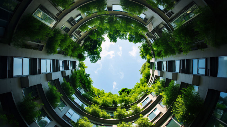 緑豊かな植物が並ぶモダンな建物内の円形の中庭の上向きビュー