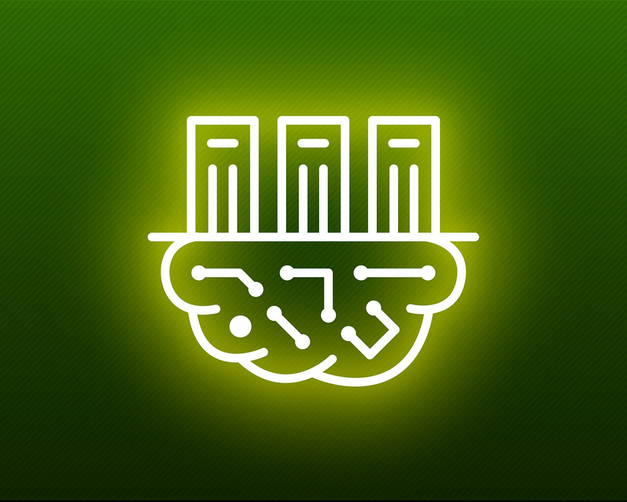 Glowing neon circuit board in a cloud with data center towers sitting on top