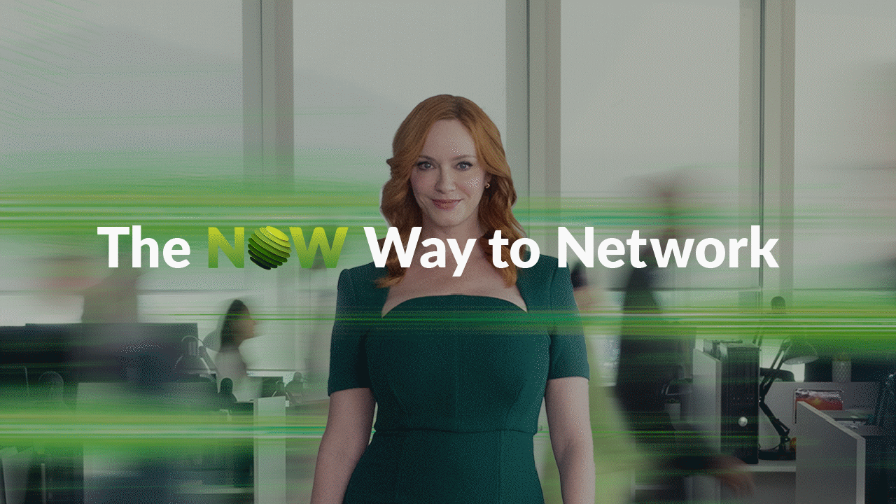 Christina Hendrix from Juniper in a blurred office setting. With an overlay of text that reads "The NOW Way to Network" with the "O" in "NOW" designed as a green textured sphere. The image has a motion blur effect, suggesting fast movement and dynamism.