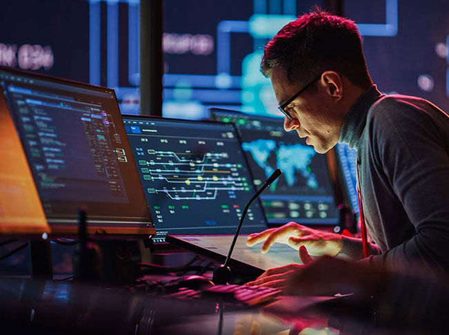 Professional IT Technical Support Specialist Making an Intercom Announcement on a Microphone and Working on Desktop Computer in Monitoring Control Room with Big Digital Screens with Server Data.