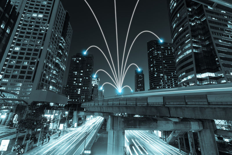 Smart city and internet line in blue tone, wireless communicatio