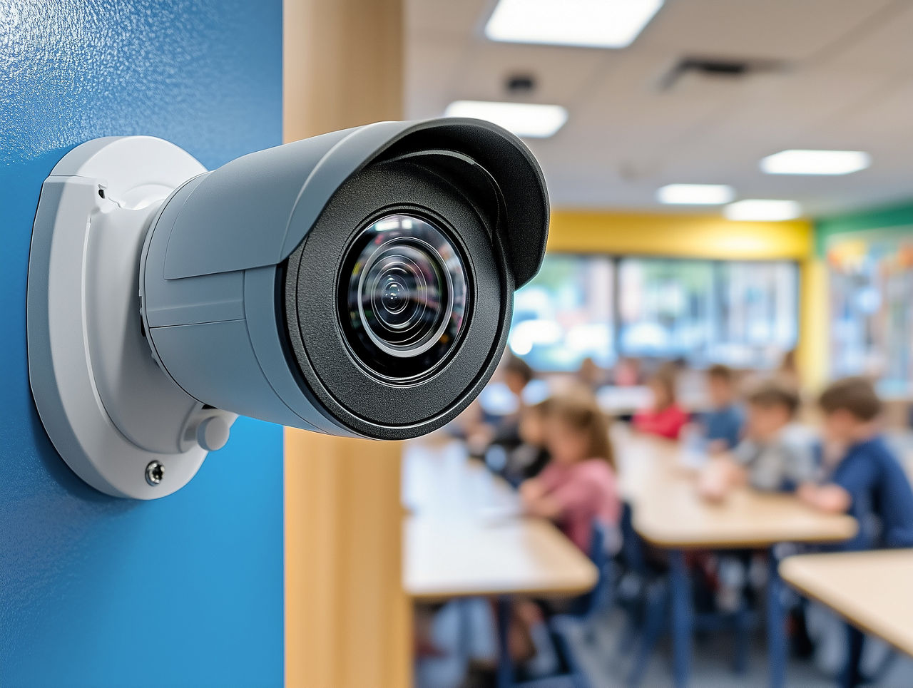 A security camera is positioned in a colorful classroom, observing students as they participate in various educational tasks while seated at their desks