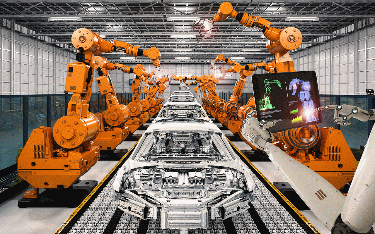 自動車製造ファシリティのロボットアーム付きの組み立てライン