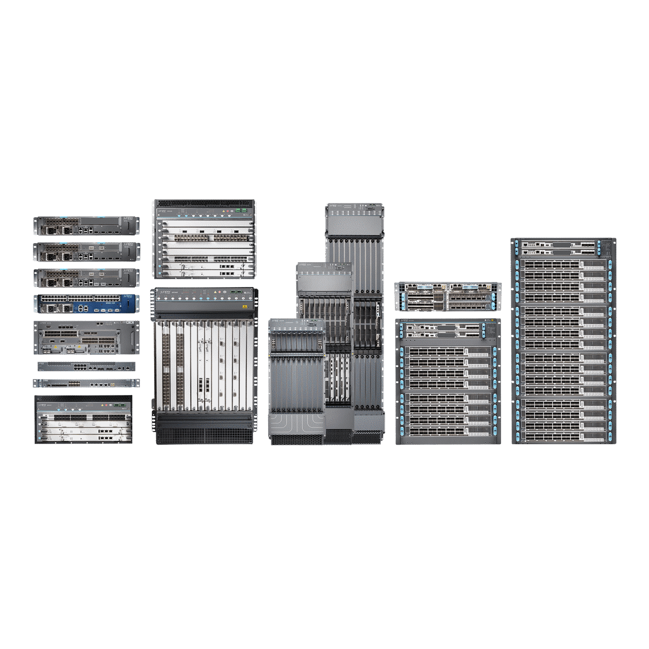 Several different MX series universal routing platforms from front view.
