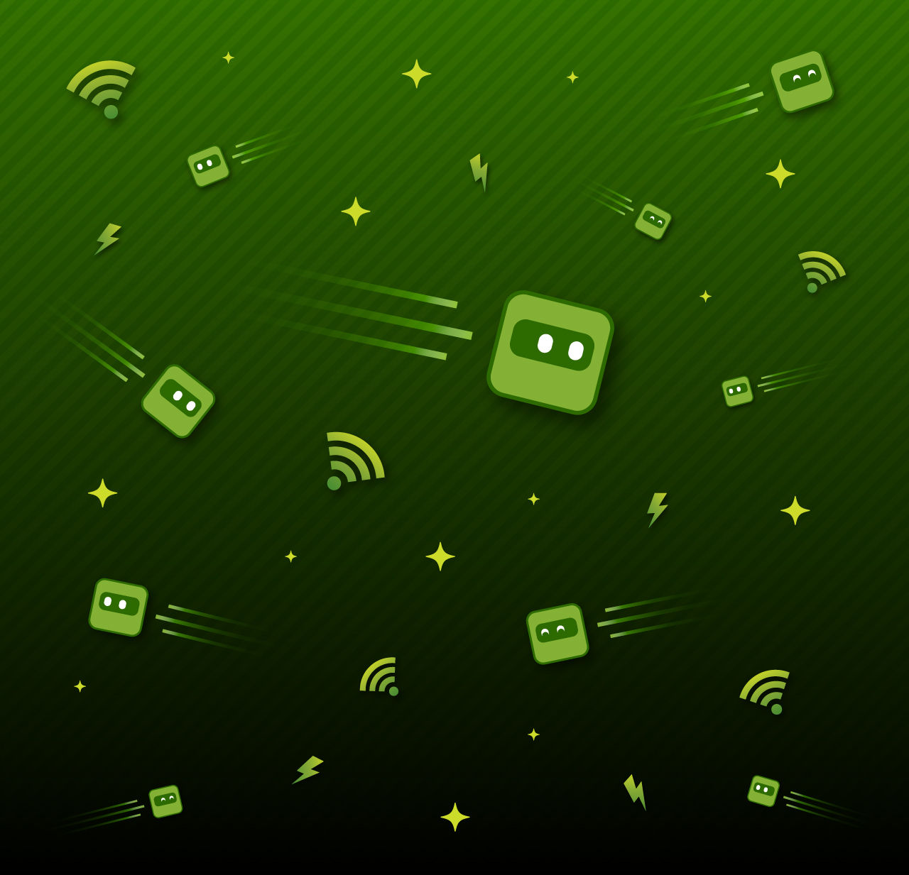 Marvis AI, wi-fi, and lightning icons collage over a striped green background