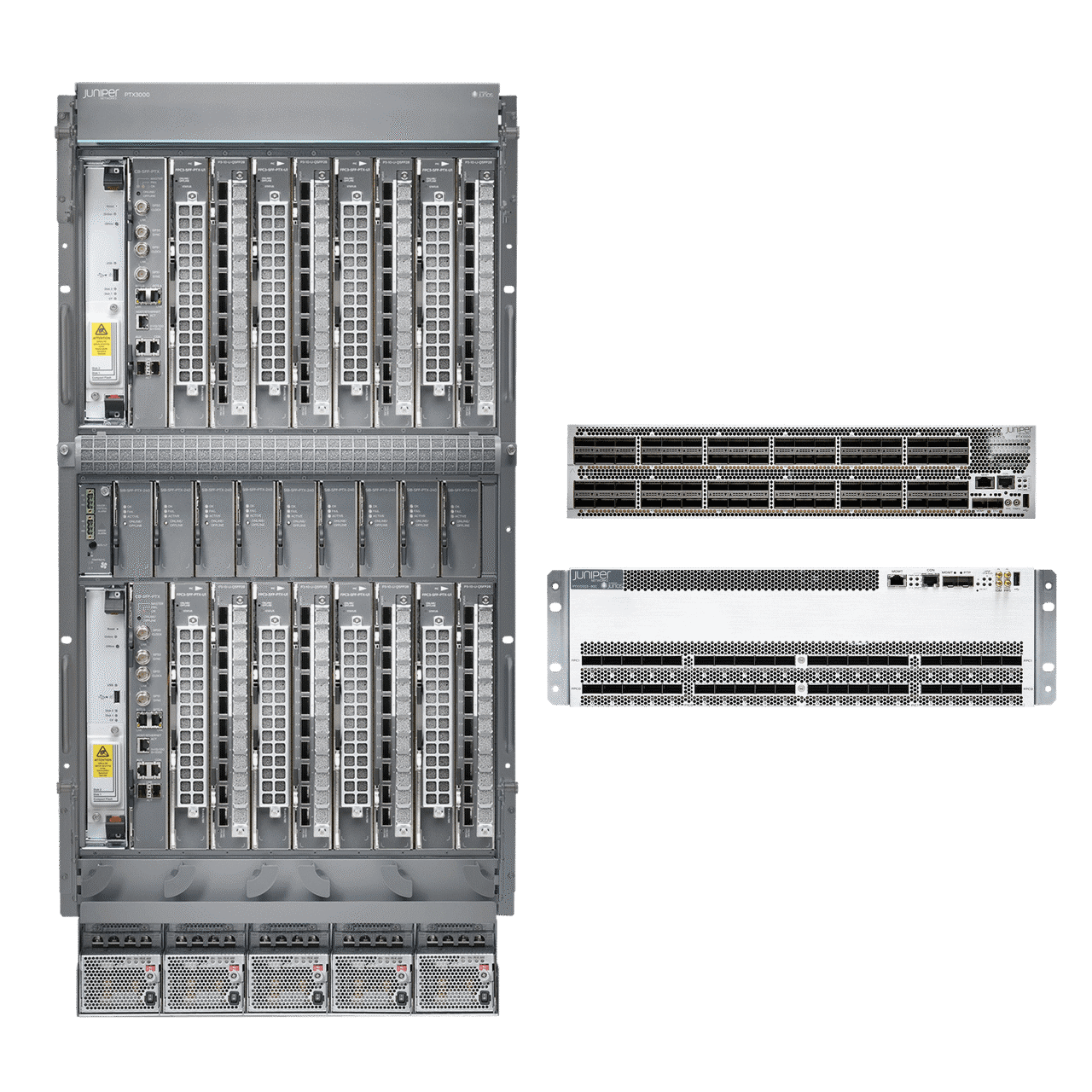Three Juniper PTX series routers from the front view.