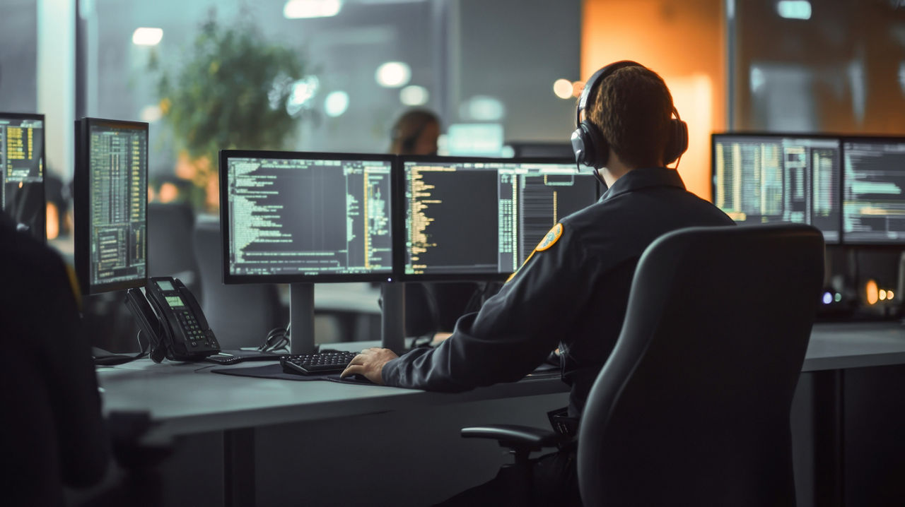 Busy 911 call center with police officers responding to emergencies, surrounded by advanced monitoring equipment. Copy text space available.